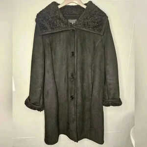 Talbots Woman Faux Suede Sherpa Lined Black Long Coat Sz 18 EUC Winter